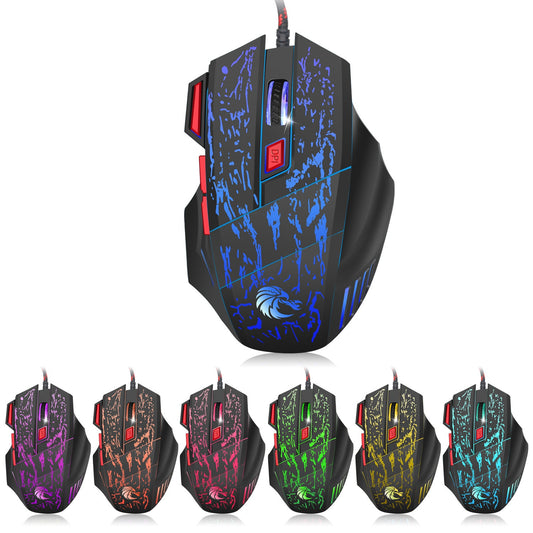 Colorful luminous wired gaming mouse with flowing crack design and blaze bird branding by eprolo, featuring ergonomic shape and RGB lighting.