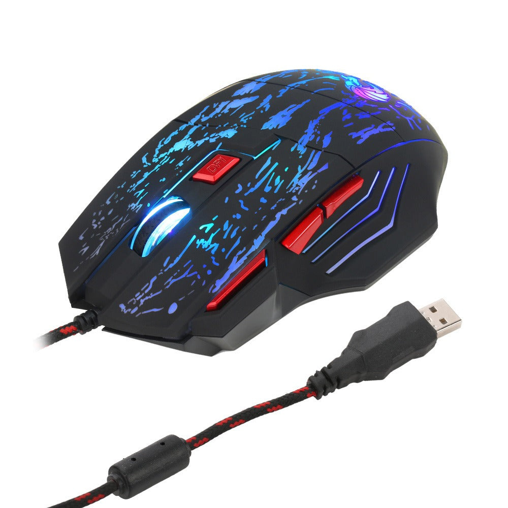 Colorful luminous wired gaming mouse with crack pattern by eprolo, featuring a sleek design and Blaze Bird detailing for gaming.