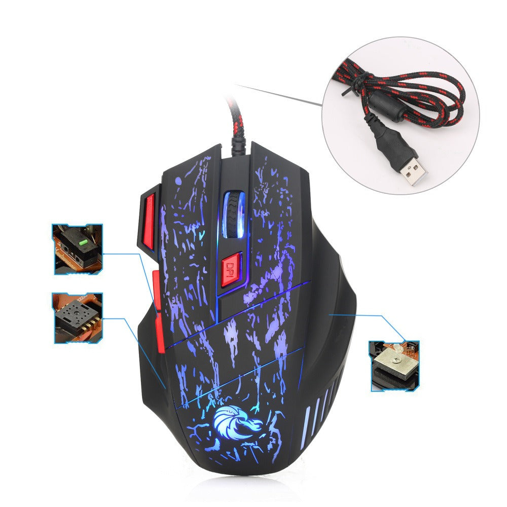 Colorful luminous gaming mouse with crack design by eprolo, wired Blaze Bird model with ergonomic shape and vibrant LED lighting.