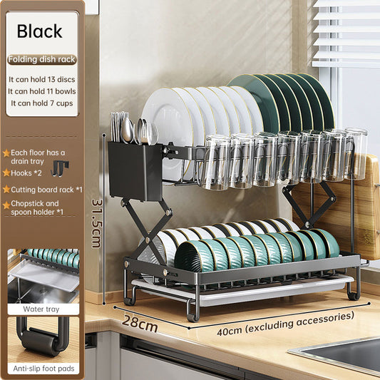 Foldable 2-layer eprolo kitchen dish rack with large capacity for bowls, cutlery, and drying dishes on countertop.