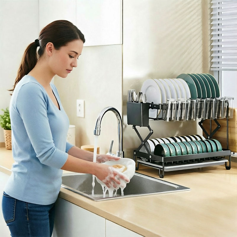 Foldable 2-layer kitchen dish rack by eprolo, large capacity countertop drying shelf for bowls and cutlery, shown in a kitchen setting.