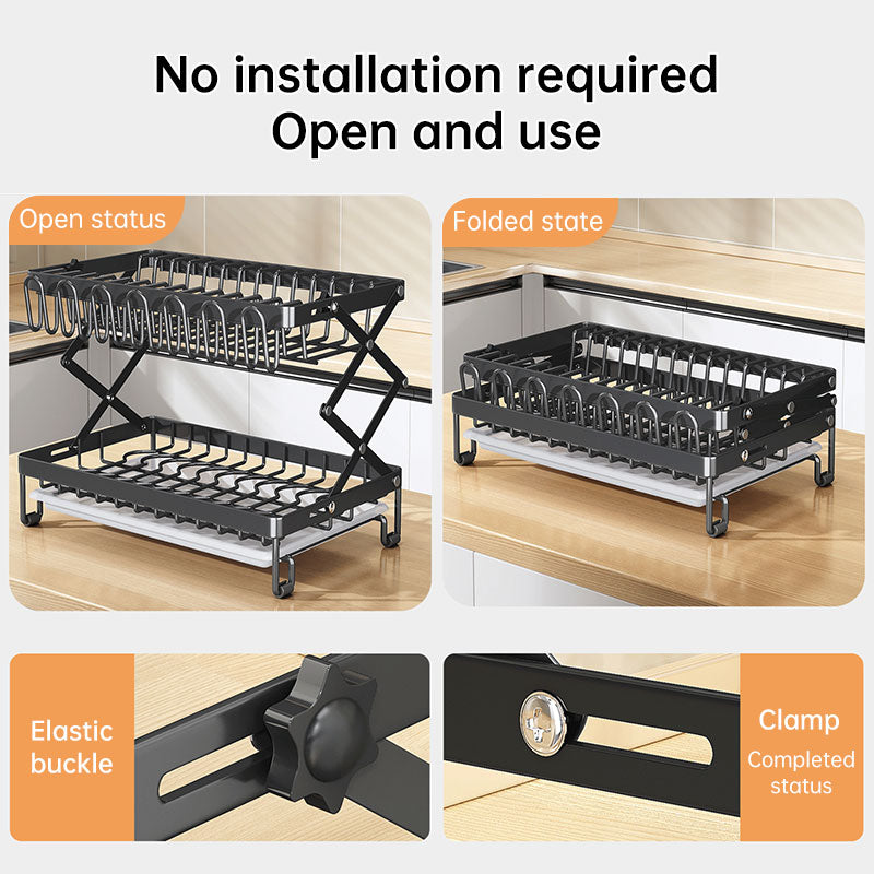 Foldable 2-layer eprolo kitchen dish rack with large capacity for bowls, cutlery, and countertop drying.