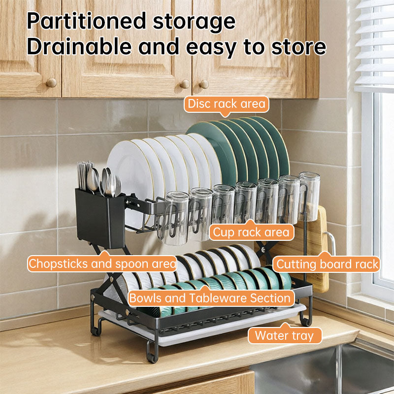 Foldable 2-layer eprolo kitchen dish rack with large capacity for bowls, cutlery, and cookware on countertop drying shelf