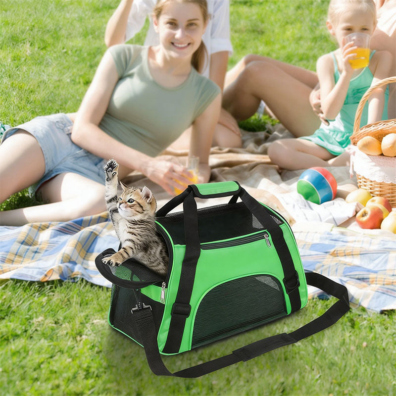 Foldable eprolo pet carrier bag with mesh panels, designed for small cats and dogs, convertible for travel and everyday use.