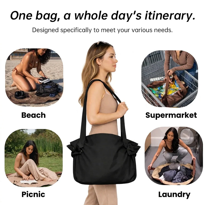 Eprolo foldable travel duffel bag with picnic blanket, large waterproof tote for weekend, gym, and beach trips, open and packed.