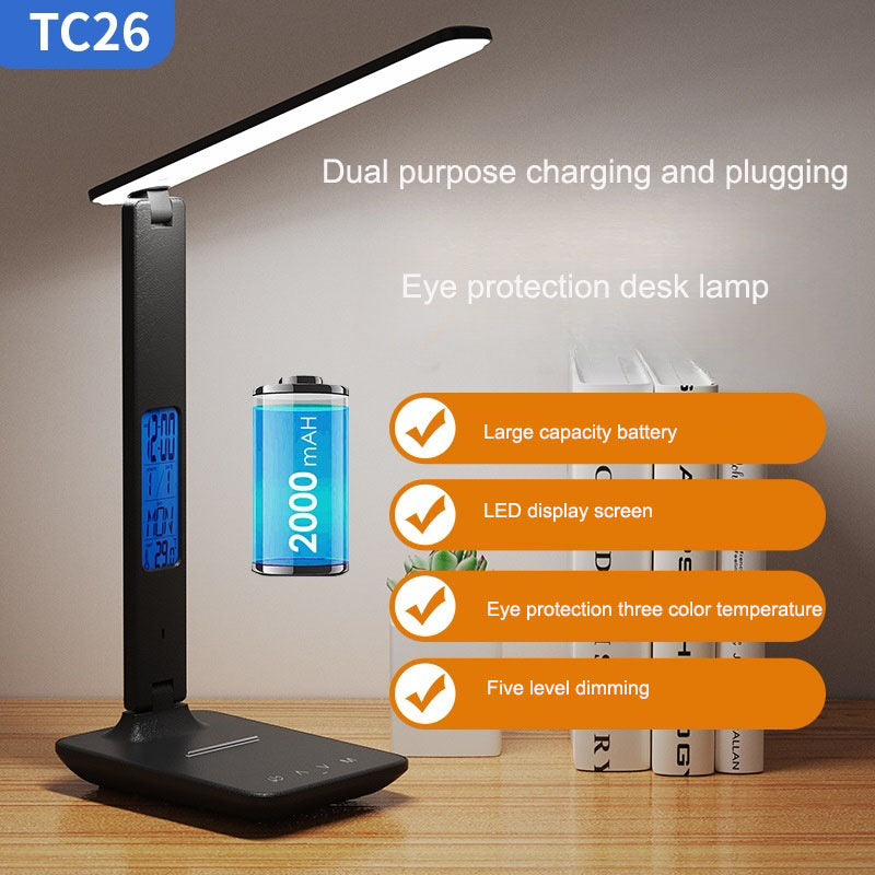eprolo folding alarm clock with time display, adjustable light, eye protection desk lamp for learning, reading, and office use