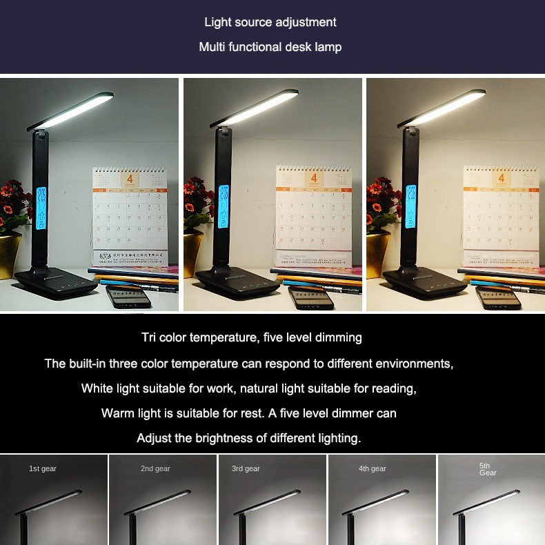 Eprolo folding alarm clock with adjustable light, time display, and eye protection desk lamp for office and learning environments.