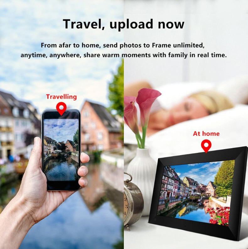 Eprolo Frameo WiFi digital photo frame displaying colorful images on a sleek modern screen with 16GB memory