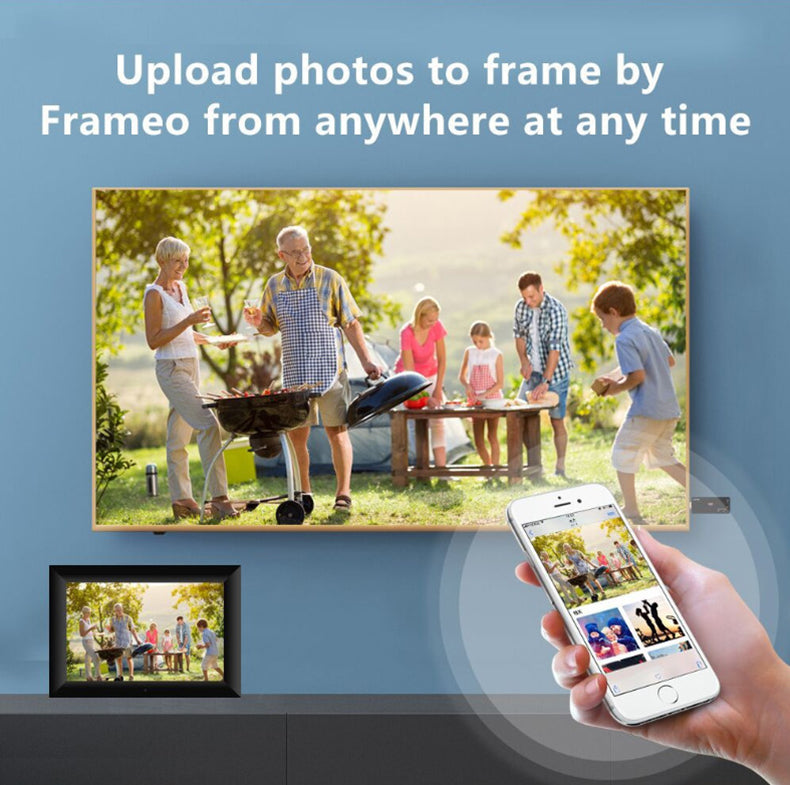 Eprolo Frameo WiFi digital photo frame with 16GB memory displaying a colorful family photo on the screen
