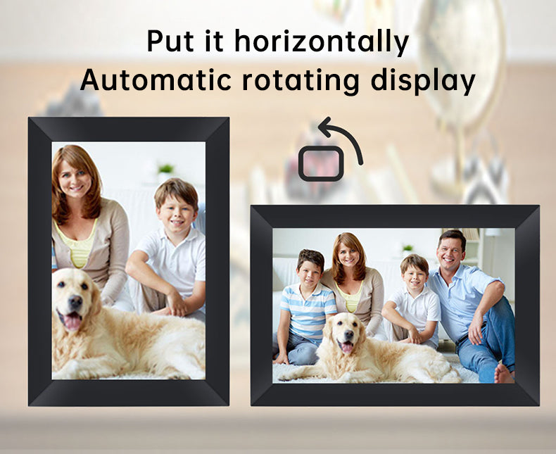 Eprolo Frameo WiFi digital photo frame with 16GB memory, showcasing a colorful family photo on the smart cloud photo album display.