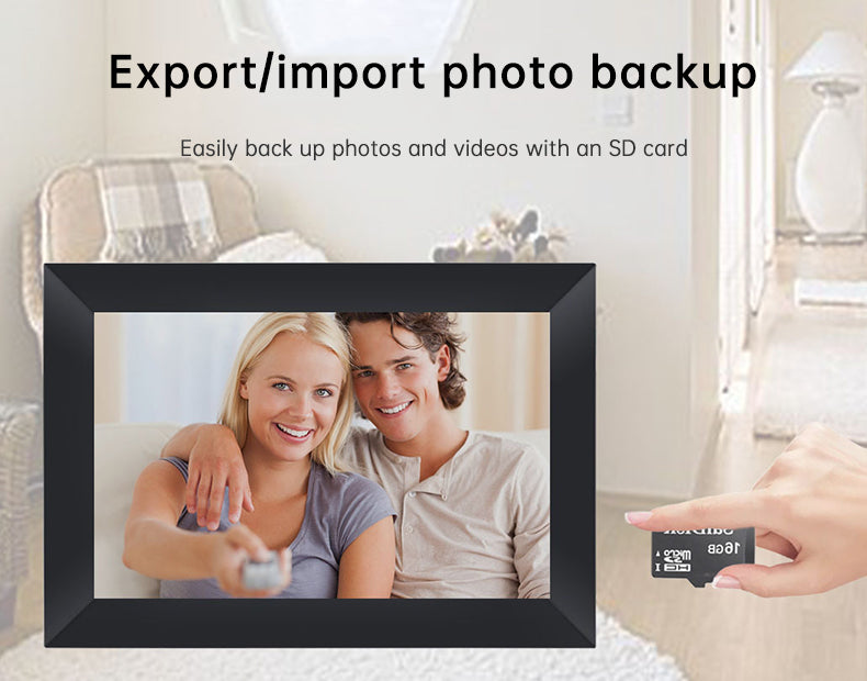 Eprolo Frameo WiFi digital photo frame with 16GB memory displaying colorful photos in a modern home setting.