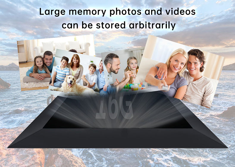 Eprolo Frameo WiFi digital photo frame with 16GB memory, showcasing a colorful family photo on a modern smart photo album display.
