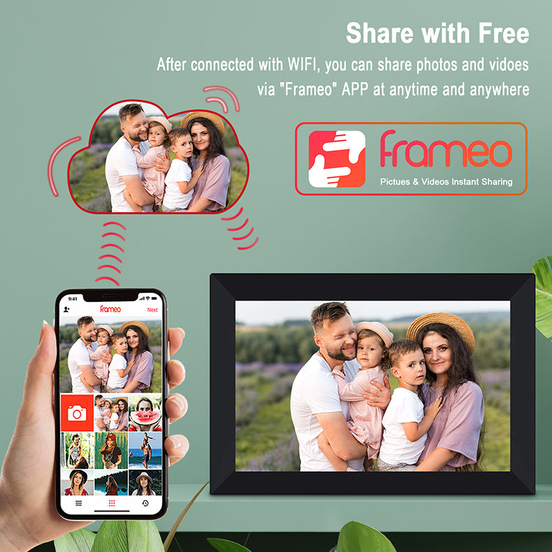 Eprolo Frameo WiFi digital photo frame displaying family photos on a modern 16G memory smart photo album screen.