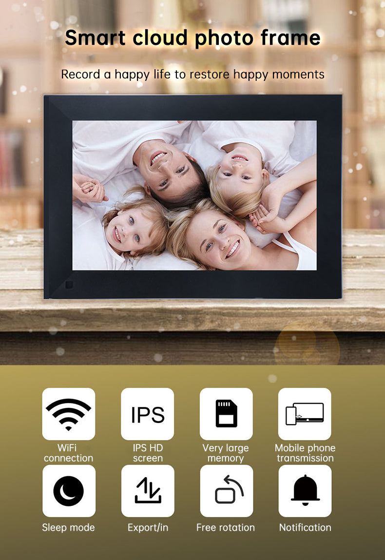 Eprolo Frameo WiFi digital photo frame displaying family photos on a sleek screen with 16GB memory and smart photo album features.