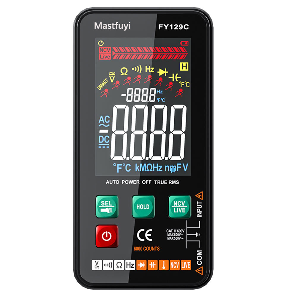 eprolo FY129C digital multimeter with large screen, smart features, and auto identification for AC/DC electrical measurements.