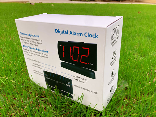 Large digital GING YHAU alarm clock by eprolo with rotating base, dual brightness levels, ideal for bedroom bedside use.