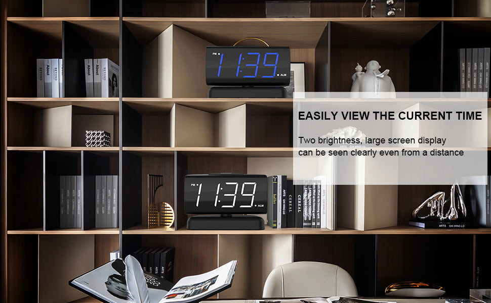 Large digital GING YHAU alarm clock by eprolo with rotating base, dual brightness levels, ideal for bedroom bedside use