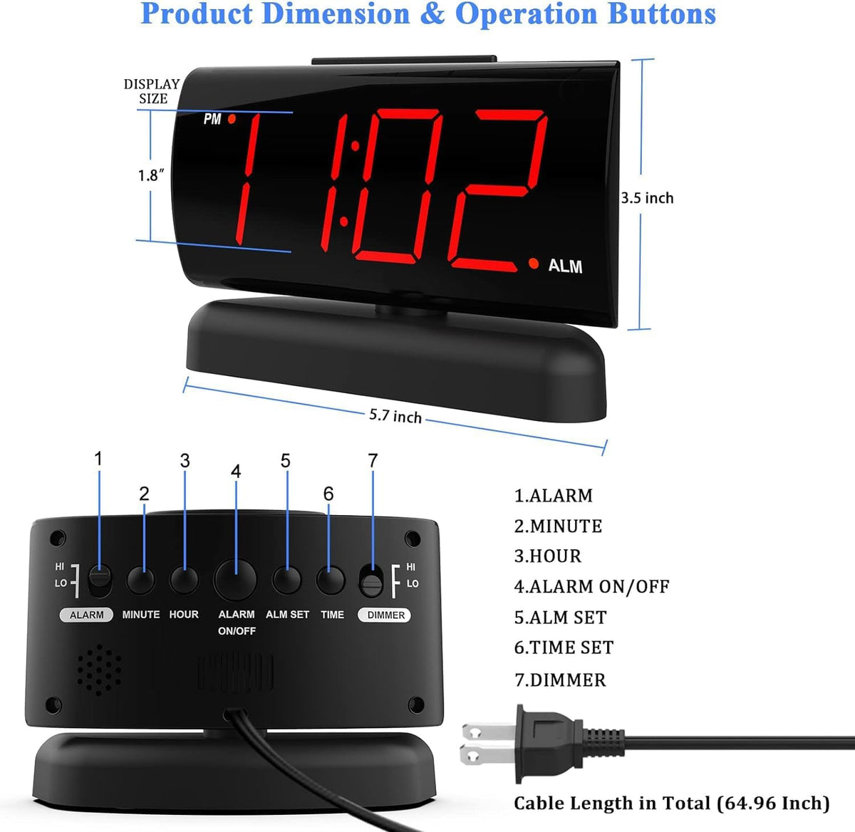 Eprolo GING YHAU large digital alarm clock with rotating base, two-level brightness, ideal for bedroom bedside use.