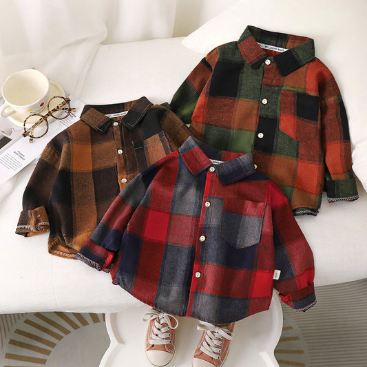 Eprolo toddler boys plaid cotton long sleeve shirt with contrast design, turn-down collar, suitable as outwear or casual top.