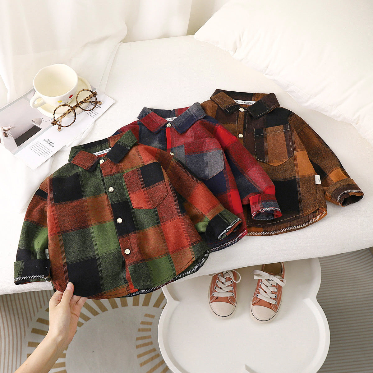 Eprolo toddler boys plaid cotton long sleeve shirt with contrast details, turn-down collar, suitable as outwear for autumn.