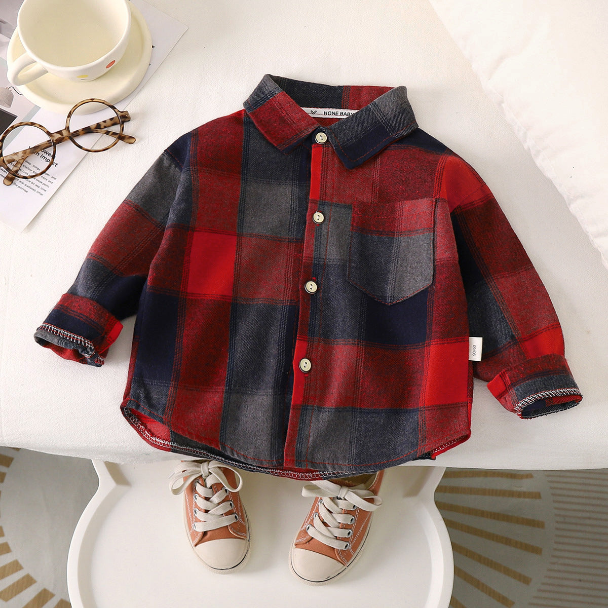 Toddler boy wearing eprolo plaid cotton long sleeve shirt with turn-down collar, infant outwear coat, and contrast design.