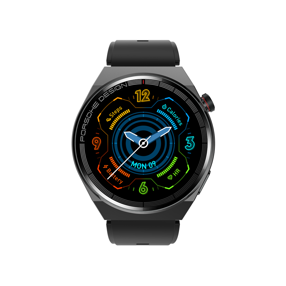 eprolo GS GT3 Pro smart watch displaying heart rate, blood pressure, and blood oxygen levels on a sleek fitness bracelet.