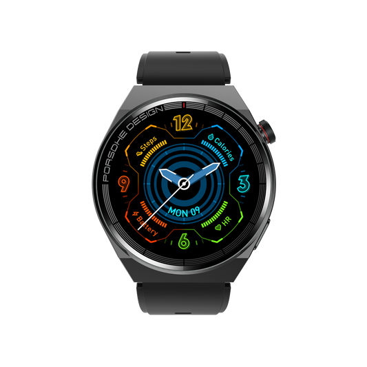eprolo GS GT3 Pro smart watch displaying heart rate, blood pressure, and blood oxygen levels on a sleek fitness bracelet.