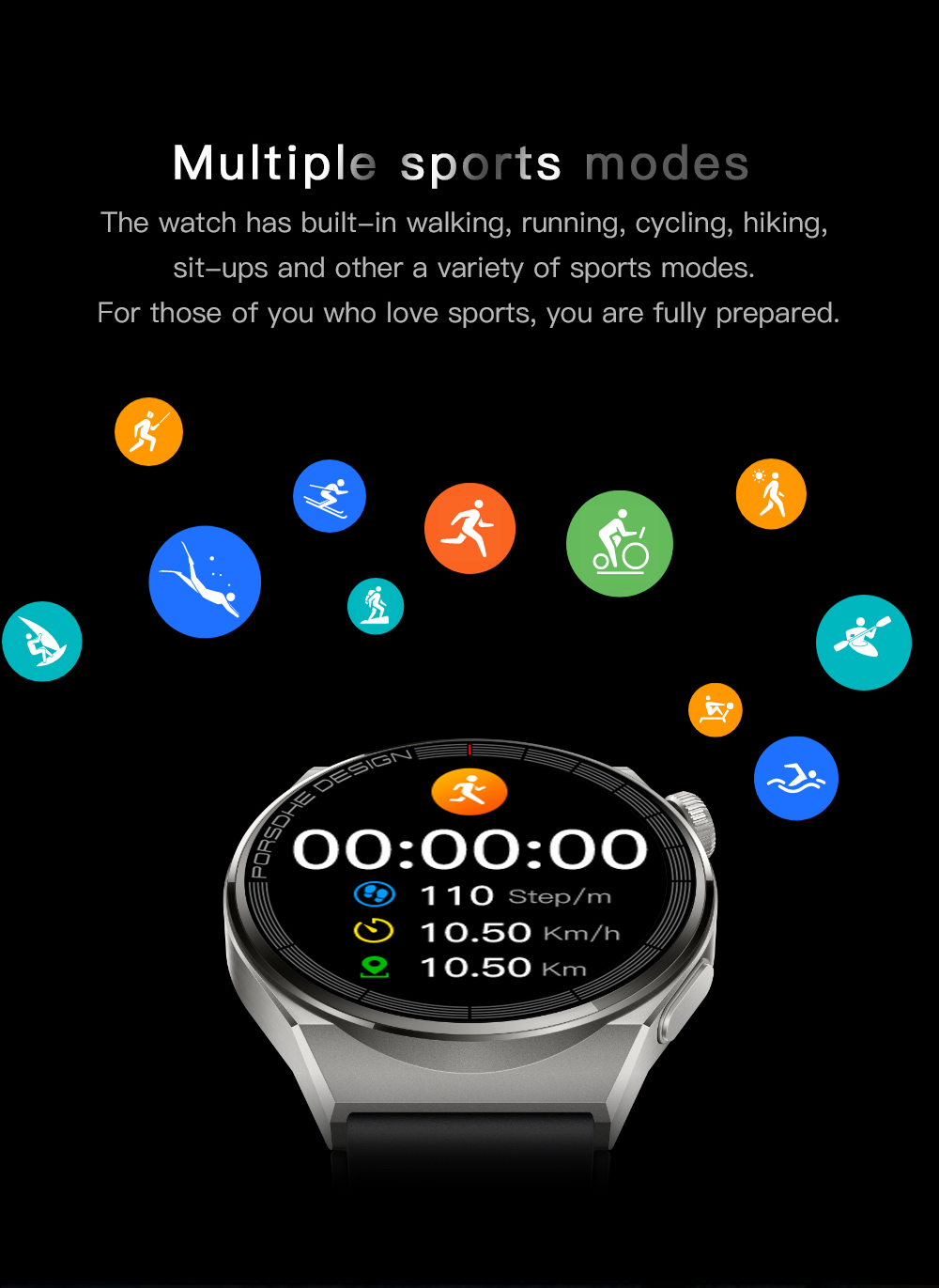 eprolo GS GT3 Pro smart watch displaying heart rate, blood pressure, and blood oxygen levels on a sleek black bracelet.