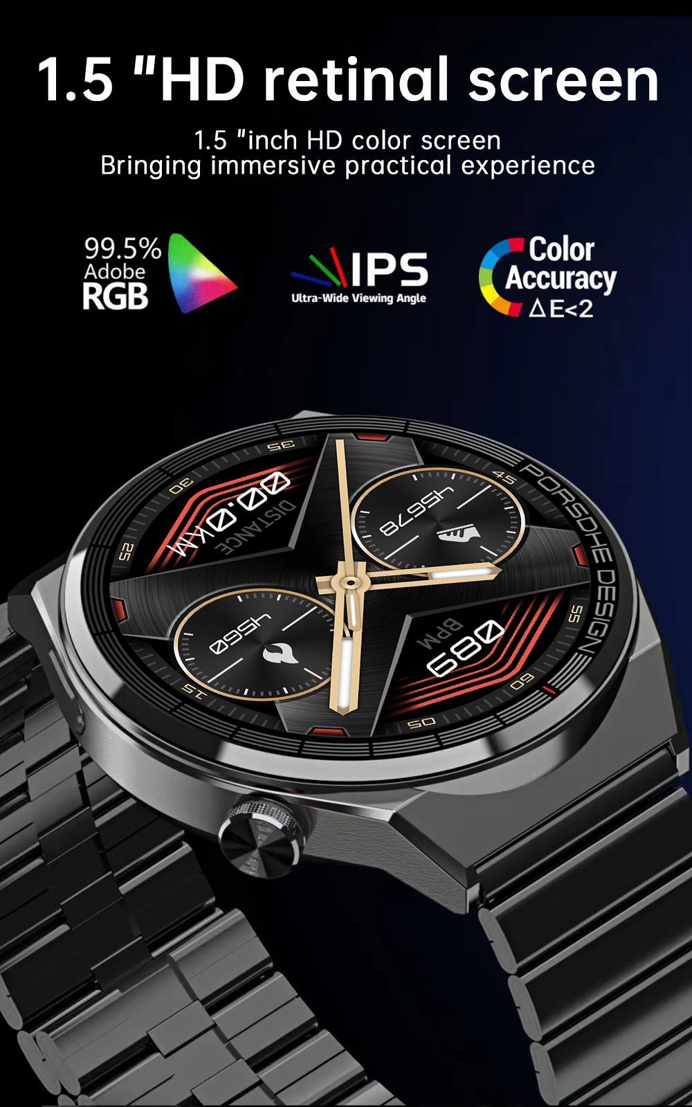 eprolo GS GT3 Pro Smart Watch displaying heart rate, blood pressure, and blood oxygen levels on a Bluetooth sports watch bracelet