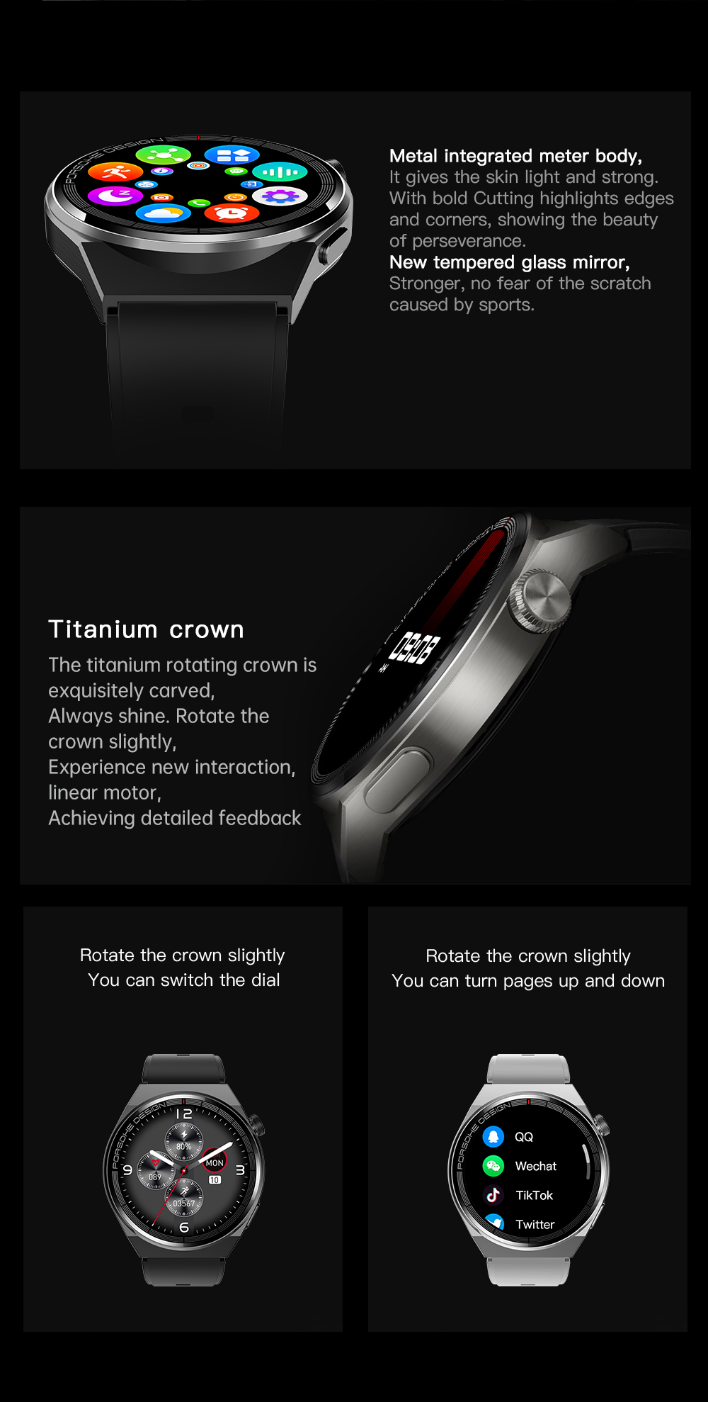 eprolo GS GT3 Pro smart watch displaying heart rate, blood pressure, and blood oxygen levels on a sleek Bluetooth sports watch bracelet