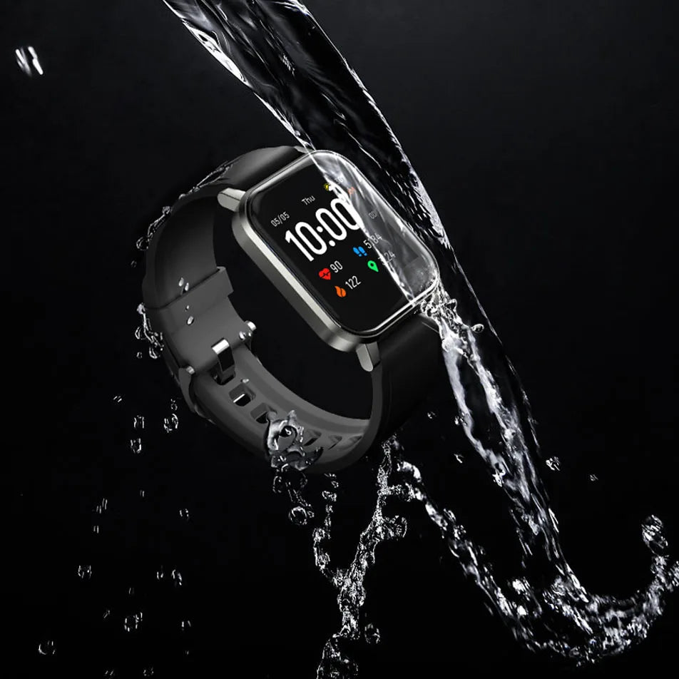 Haylou LS02 smart watch with black strap displaying digital time and fitness metrics, designed for health tracking and notifications.