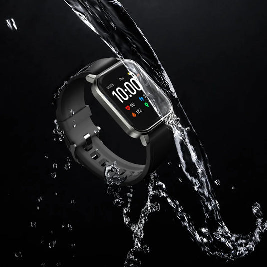 Haylou LS02 smart watch with black strap displaying digital time and fitness metrics, designed for health tracking and notifications.
