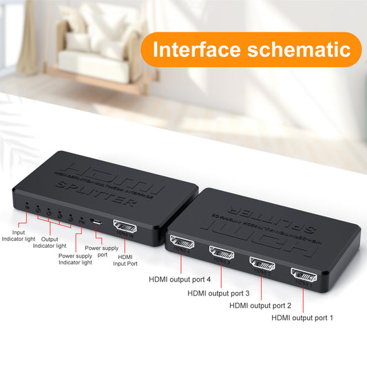 eprolo 4K mini HDMI splitter displaying HD video on screen, supports 1/4 HDMI input for multiple device connections