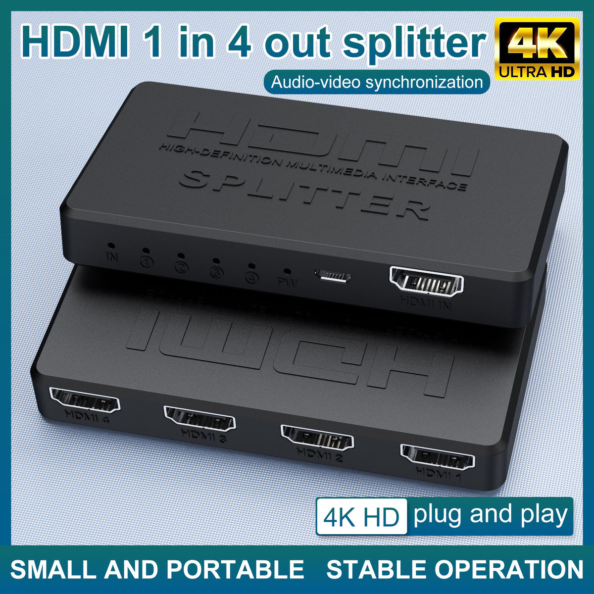 eprolo 4K mini HDMI splitter displaying HD video on screen, splits one HDMI input into four outputs for multiple devices