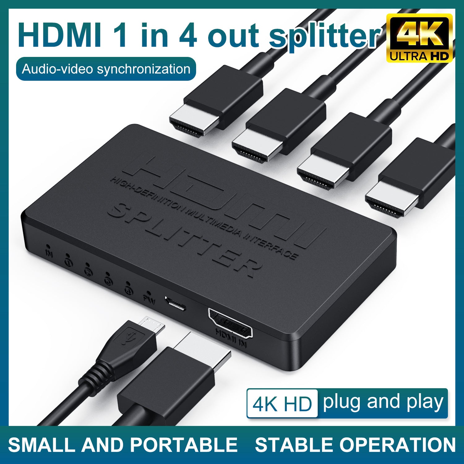 eprolo 4K mini HDMI splitter 1x4 distributes HD video signal to multiple screens from a single HDMI source.