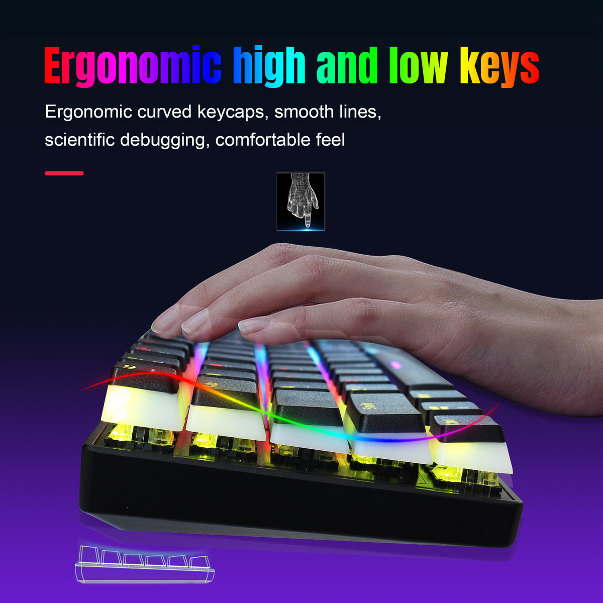 Eprolo HXSJ 61-key wired mechanical keyboard with blue axis pudding keycaps, color backlit for gaming and office use