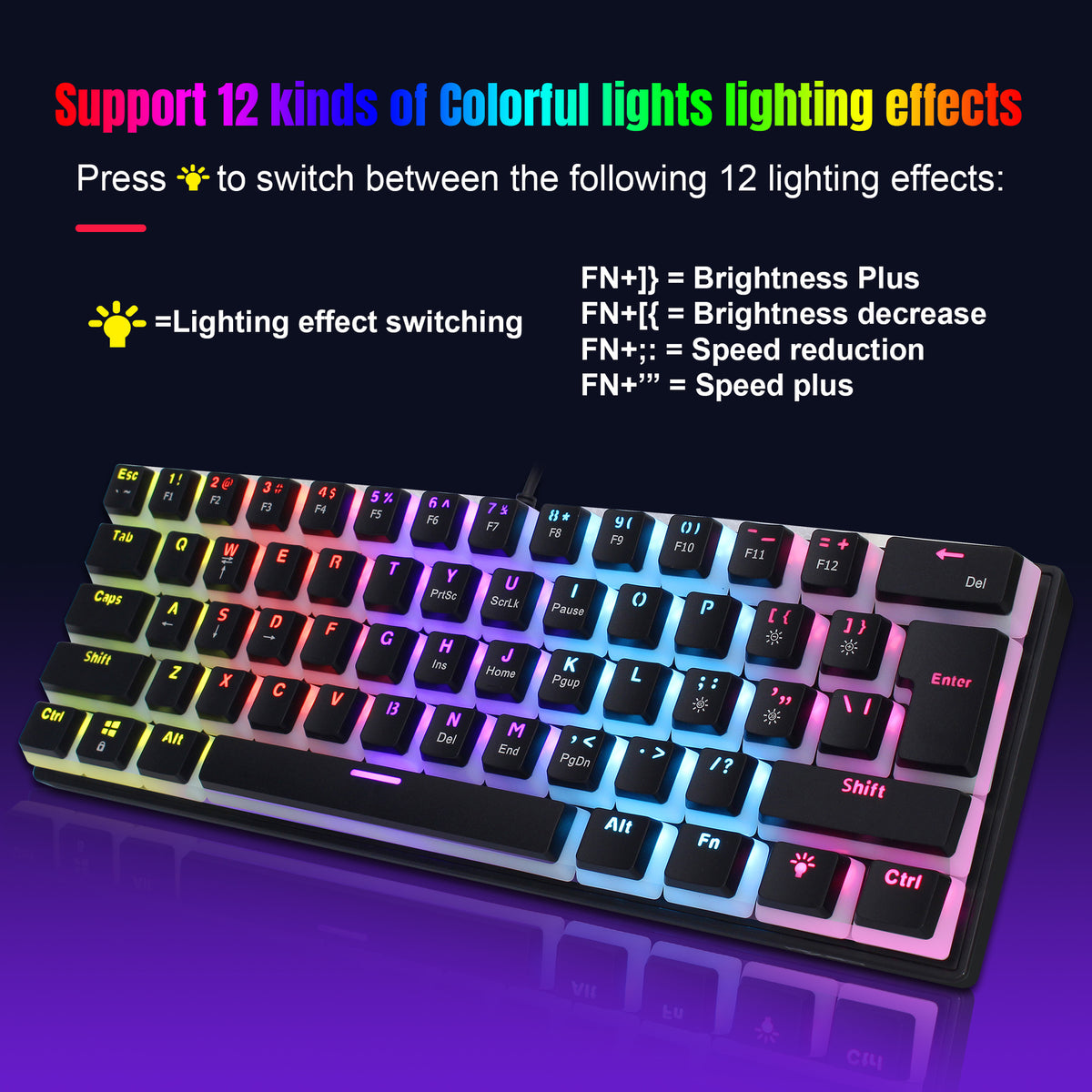 Eprolo HXSJ 61-key wired mechanical keyboard with blue axis pudding keycaps, color backlit for gaming and office use
