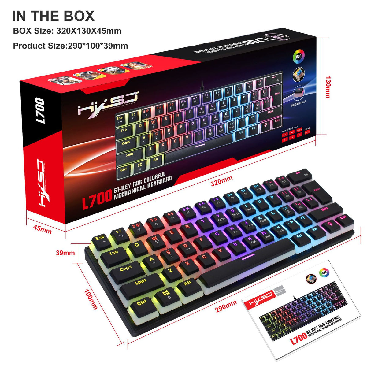 Eprolo HXSJ 61-key wired mechanical keyboard with blue axis pudding keycaps, color backlit for gaming, office, and home use