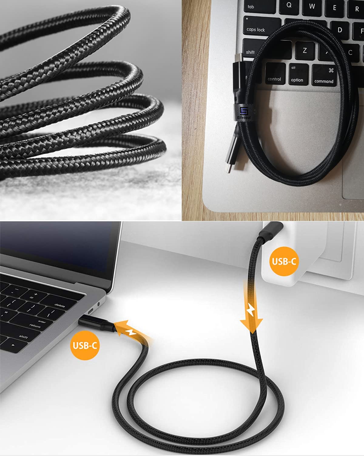 Black eprolo iCableAL180B charging cable with USB connector, shown coiled and ready for device charging.