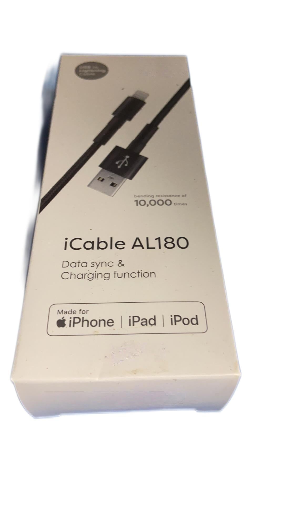 Black eprolo iCableAL180B USB charging cable with reinforced connector and flexible design, shown coiled on a white background.