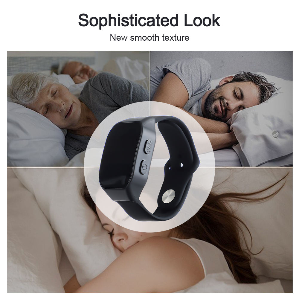 eprolo intelligent microcurrent watch sleep aid device worn on hand showing sleek design and control interface.