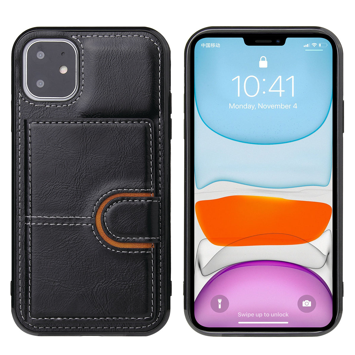 eprolo iPhone 13 wallet case with card slots, leather design, and anti-drop protection in black color.