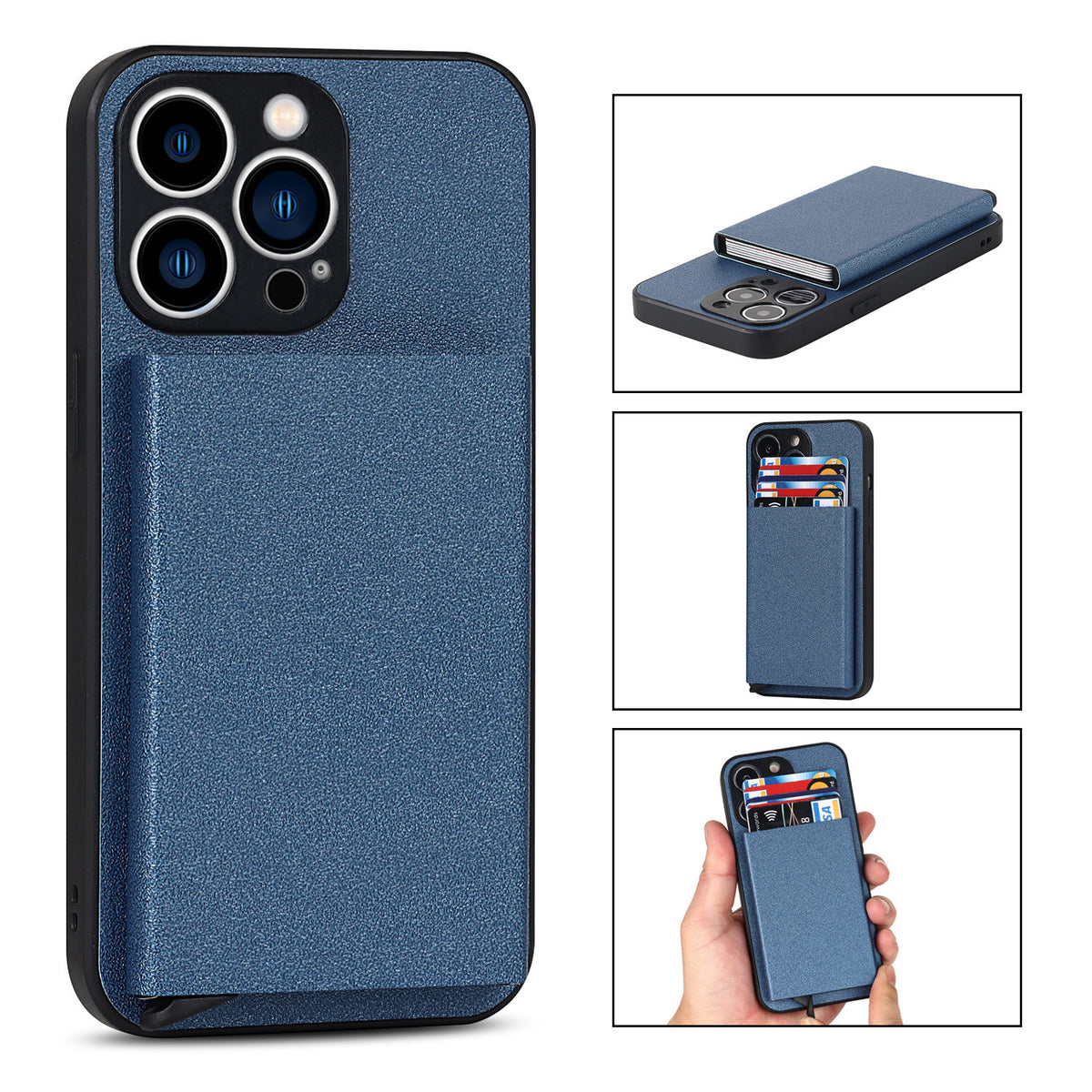 Eprolo iPhone 14 Pro Max aluminum alloy wallet case with protective cover and card slots, compatible with Apple iPhone 11 and iPhone 13.