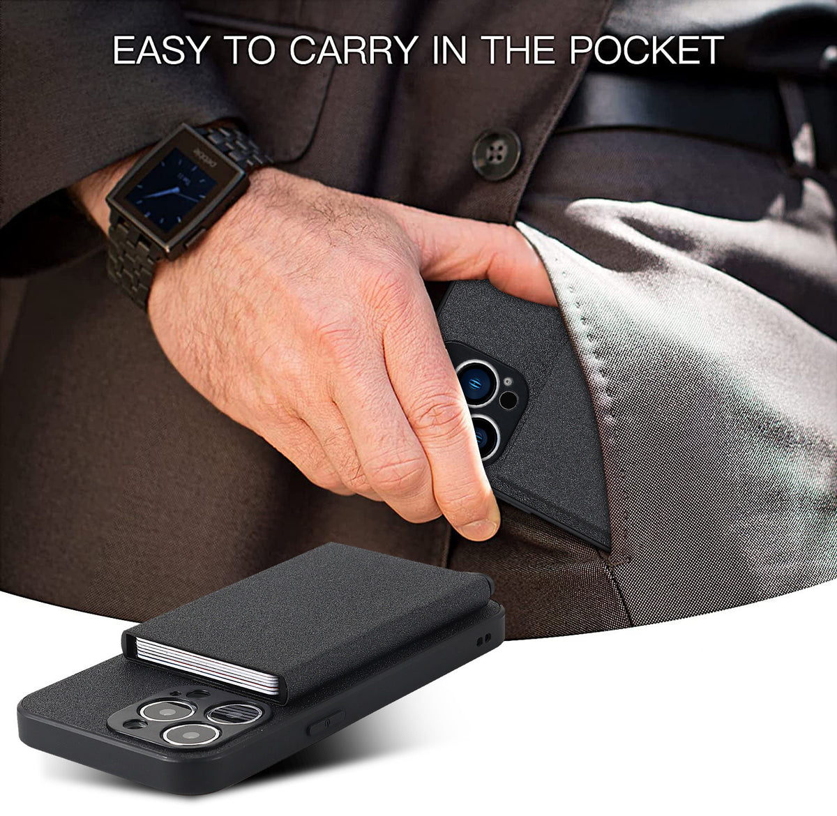 Eprolo aluminum alloy wallet phone case for iPhone 14 Pro Max, with protective cover and card slots, in a sleek design.