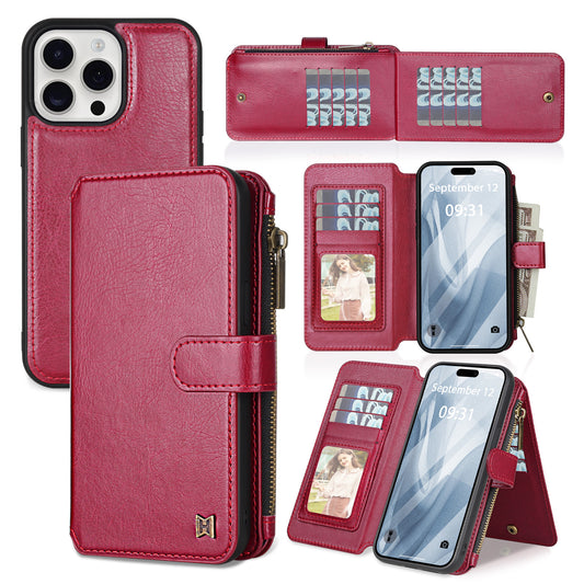 Eprolo iPhone 15 Pro multifunctional leather wallet case with detachable magnetic protective cover, featuring card slots and sleek design.