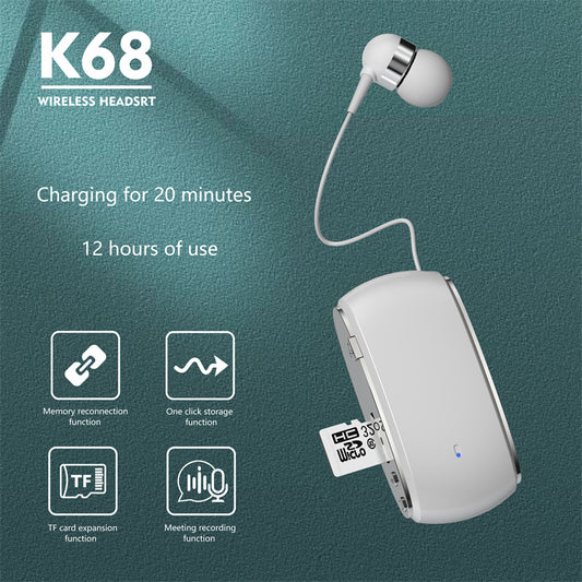 eprolo K68 collar-style Bluetooth earphones with single ear design, telescopic cable, MP3 playback, and recording features