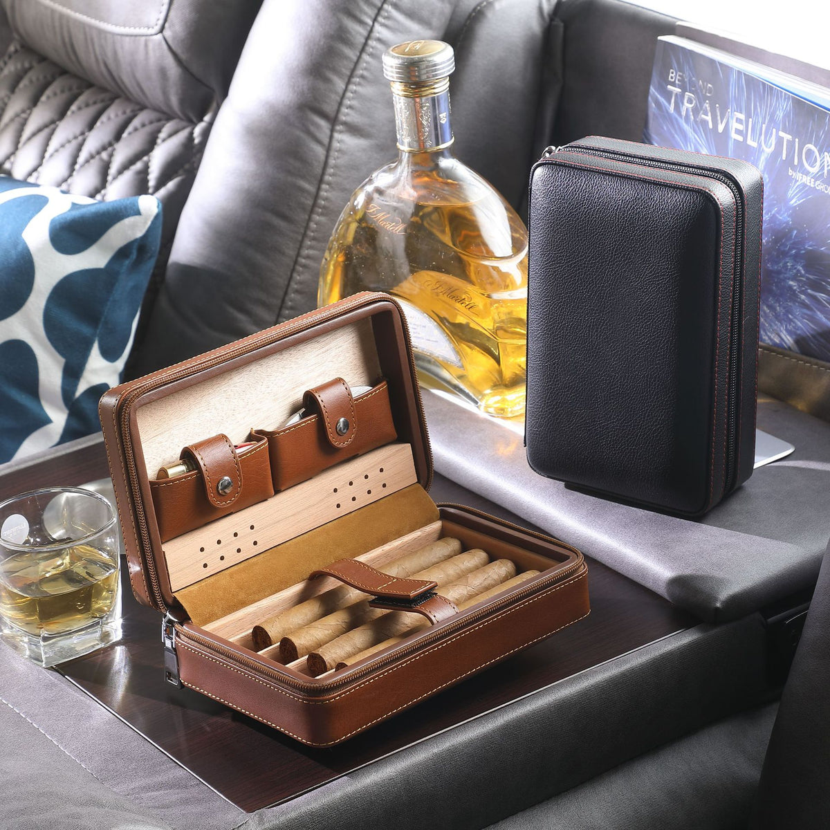 Eprolo portable cigar box zipper bag with four cedar wood smoking accessory cases, ideal for travel and storage.