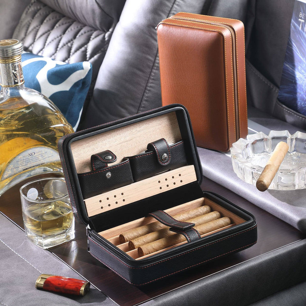 Eprolo cigar box zipper bag with four portable cedar wood storage cases for cigars, ideal for travel and moisturizing smoking accessories.