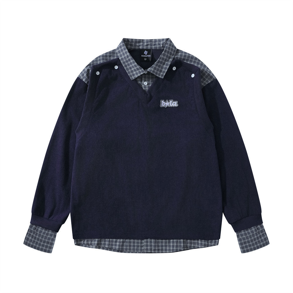 Eprolo fake two hoodies with lapels and patchwork grid design, featuring layered style and casual fit.