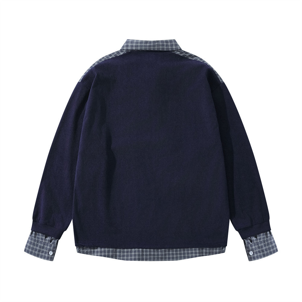Eprolo fake two hoodies with lapels and patchwork grid design, featuring layered style and contrasting fabric patterns.